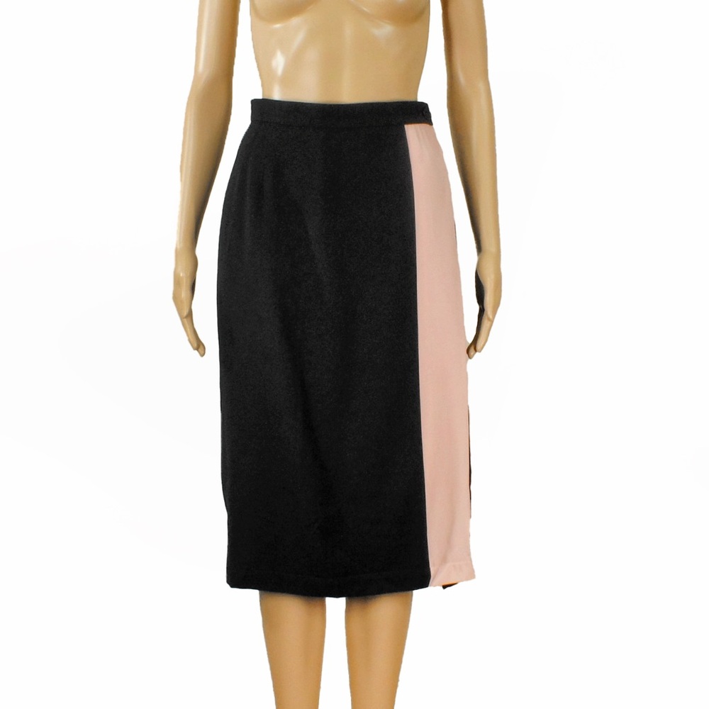 Vintage Late 80s 90s Gianfranco Ferre Black Wool Pink Silk Slit Long Wrap Skirt